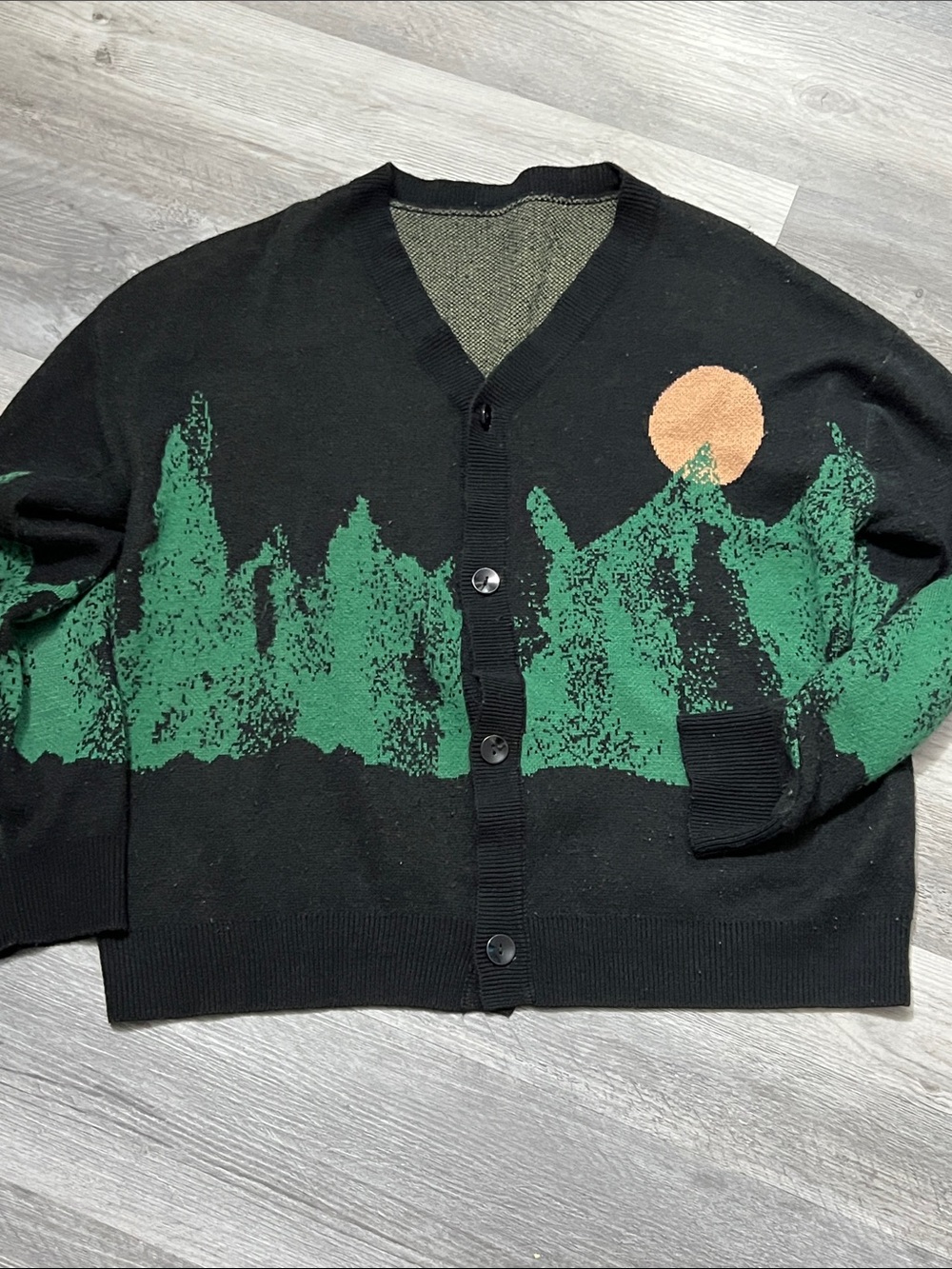 SHEIN Black Cardigan with Green Forest and Orange Sun